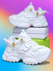 女士7厘米增高户外休闲运动鞋，时尚3D可拆卸装饰，包括金色星星和小熊，四季皆宜，EVA厚底，系带，白色高跟，轻便柔软减震防滑透气网布凉鞋，适合大学生、青少年、日常穿着、约会、健身、办公等场合，厚底运动鞋 - 白色 - 查看 7