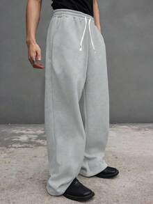 Plus Size Men's Loose Fit Gray Casual Sweatpants, Fashionable Drawstring Design, Casual Style - Grey - View 1