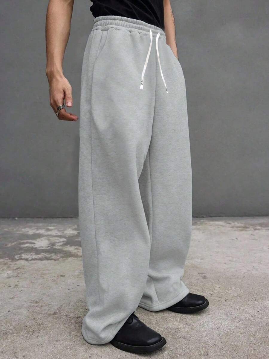 Plus Size Men's Loose Fit Gray Casual Sweatpants, Fashionable Drawstring Design, Casual Style - Grey - View 1