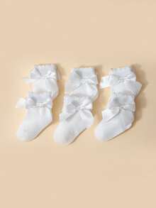 6 Pairs White Bow & Petal Design Socks, Spanish Style Elegant Lady & Baby Casual Socks - White - View 4