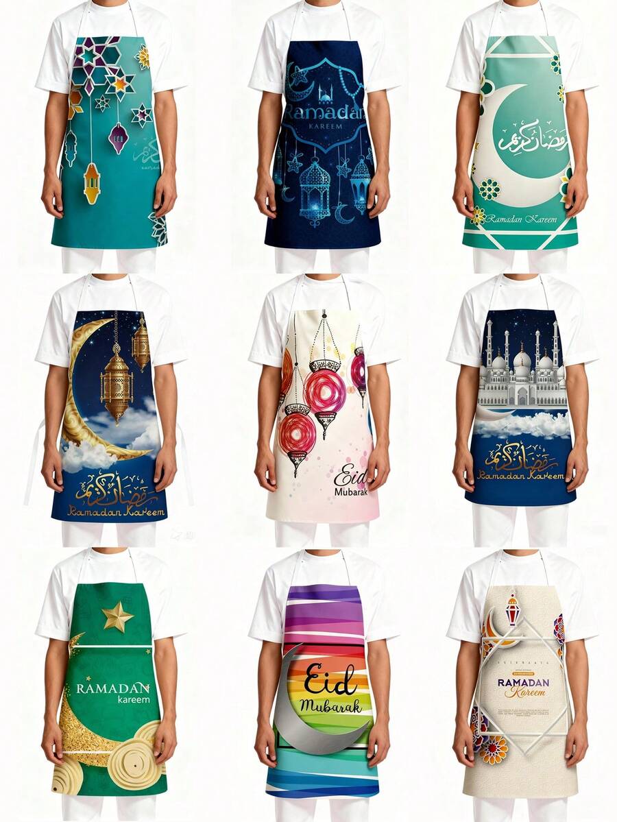 1pc Ramadan Apron, Stain-Resistant Linen-Like Apron With Mosque & Crescent Moon Pattern, Blue, Sleeveless Kitchen Waist Apron - Multicolor - View 1