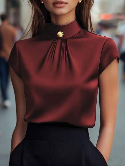 Women's Fashionable Elegant Casual Daily Urban Modern Vacation Solid Color Half-High Collar Metal Faux Button Cardigan Style Back Invisible Zipper Short Sleeve Top, Casual Blouse Summer