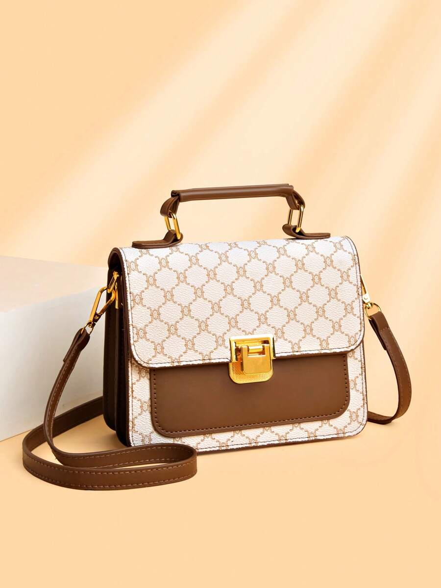 女士手提包 小方肩包 斜挎包 时尚高品质印花包 宽肩带 - 白色 - 查看 1