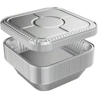 WANBAO - Paquete de 20 sartenes de aluminio desechables con tapas, 20.32 x 20.32 cm, moldes de aluminio para hornear, hornear, pasteles, panes, brownies, pan, pastel de carne, lasaña