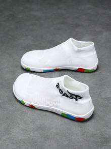 Women's Casual Sneakers, 2026 Summer New Flat Soft Comfortable Knitted Mesh Breathable Low-Top Round Toe Slip-On Shoes, Random Colorful Graffiti Sole Design, Comfortable Wide Toe Box, Suitable For Middle-Aged And Elderly, Mothers, Nannies - White - View 5