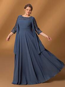 Faeriesty 大码女士蕾丝袖优雅雪纺正式晚礼服，适合新娘和新娘母亲，情人节适用 - 霧霾藍 - 查看 6