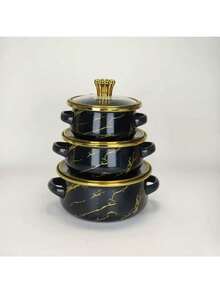 3pcs Enamel Crown Rim Milk Pot, Double Ear Pot, Enamel Bowl, Household Pot, Mini Pot, Enamel Soup Pot, Ramen Bowl, Small Hot Pot, Thick Enamel Pot, Mini Saucepan, Double Ear Electromagnetic Stove, Gas Stew Pot, Cooking Pot, Household Thick Double Ear Stew Pot, Lard Jar, Milk Pot With Lid, Dual-Use Electromagnetic Stove