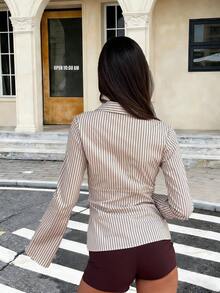 Áo sơ mi nữ thời trang đường phố gợi cảm, cổ áo kẻ sọc buộc dây. - Nhiều màu - Xem 2