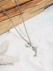 1pc Popular Women Fashionable Beach & Ocean Theme Personalized Shark Natural Stone Pendant Necklace, Ideal Gift For Wedding, Engagement Party, Halloween - Bạc - Xem 8