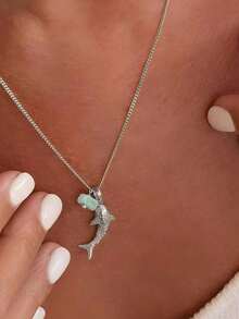 1pc Popular Women Fashionable Beach & Ocean Theme Personalized Shark Natural Stone Pendant Necklace, Ideal Gift For Wedding, Engagement Party, Halloween - Bạc - Xem 2