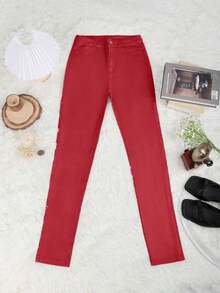 High Waist Button Slant Pocket PU Leather Elastic Skinny Pants, Casual Pants For Music Festival & Party Black - 紅色 - 查看 6
