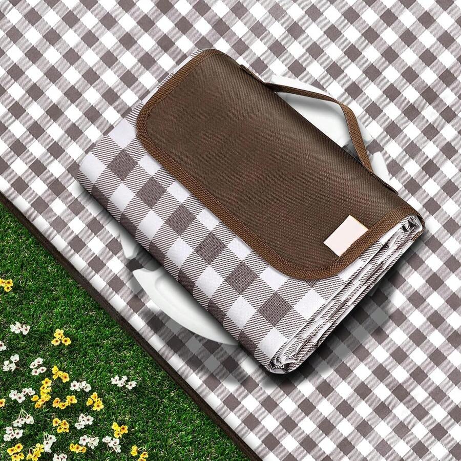 Manta de Pícnic,Manta de Picnic Impermeable y Resistente a La Arena, Manta de Playa, Mantas Plegables al Aire Libre para Viajes de Fiesta de Campamento Familiar (Cuadros café, 200X200CM) - Vacaciones soleadas - Ver 1