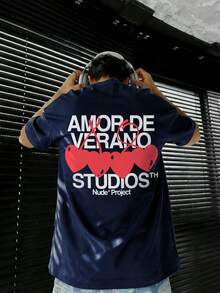 Fractyr 男士夏季时尚简约创意爱心樱桃英文元素印花圆领短袖T恤 | 基础街头休闲装，男友礼物 - 藏蓝色 - 查看 2