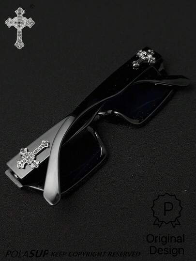 POLASUP 1pc Black Crystal Cross & Heart Metal Decor Polycarbonate Shatterproof Lens Sports Casual Street Vintage Flat Top Fashion Copper Hinge Non-Plastic Hinge UV Protection Sunglasses (Comes With Glasses Strap And Cleaning Cloth, All Seasons Men/Women Y2K Vintage Classic Fashendy, Stylish, Retro, Square, Travel Sunglasses, UV400 Decorative Eyewear (Original Design)