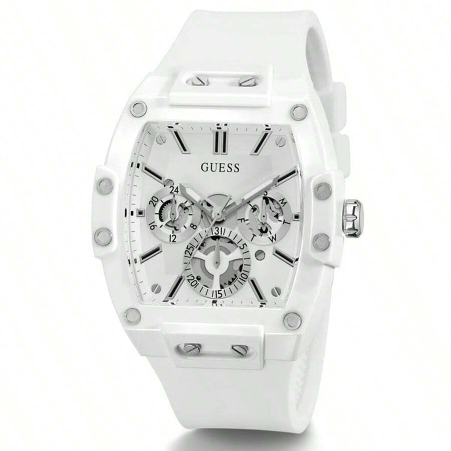 Guess Phoenix Series White Case Silver Dial White Silicone Strap Men's Watch, Multi-Function Sports Wristwatch, Casual Street Style Quartz Watch For Men, Gift For Boyfriend, Comes With Original Watch Box GW0203G2 - White - View 1