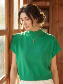 Knit Mix Women's French Casual Knit Sleeveless Turtleneck Top, Lightweight Ribbed Knit Pullover Sweater, Suitable For Spring And Autumn, Loose And Fashionable, Back To School Autumn Outfit - Green - View 10