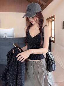 甜美火辣女孩黑色花卉蕾丝长袖开衫外套搭配吊带背心，两件套，春假必备 - 黑色 - 查看 3