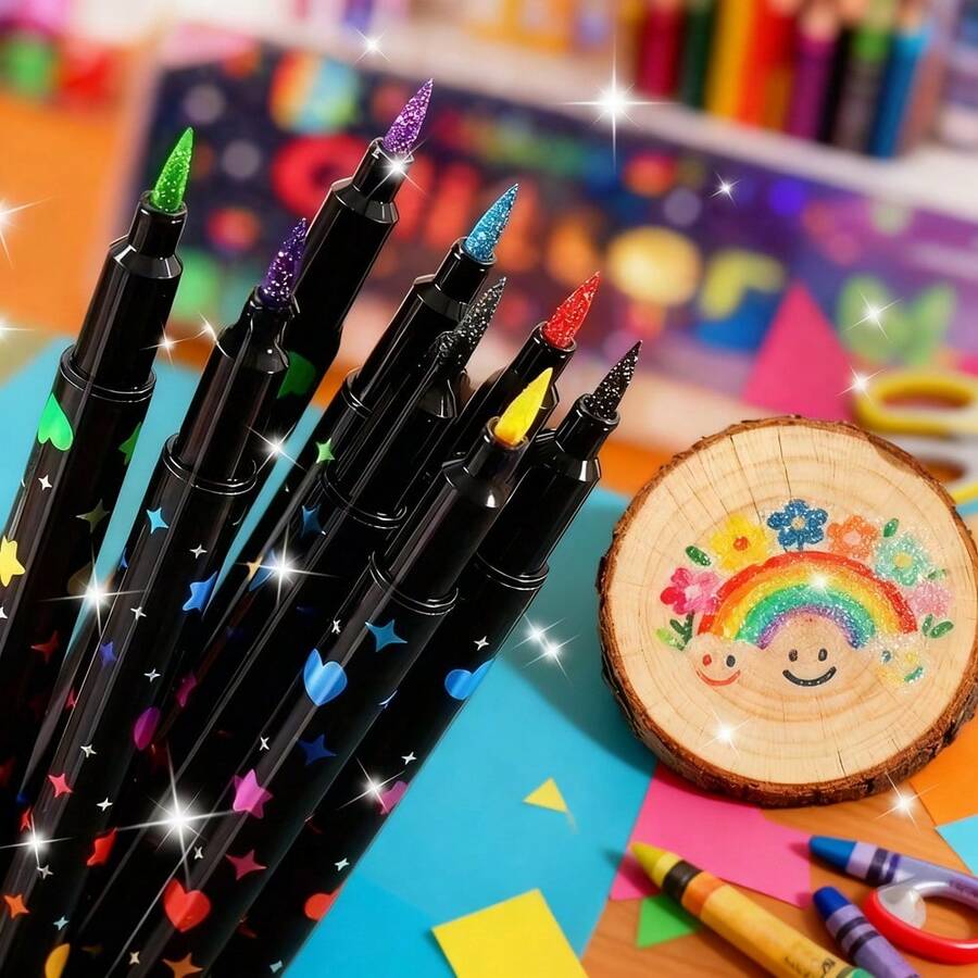 12支/24支双头闪光马克笔，色彩鲜艳，闪光水彩笔，适合学生使用，是DIY手工、贺卡、马克杯、木制装饰、素描和专业艺术创作的理想之选，也适用于工艺品制作、艺术绘画、学习用品、礼品创意、返校礼物等。