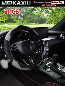 MEIKAXIU 3pcs/Set Mesh & PU Leather Patchwork Steering Wheel Cover, Handbrake Cover, Gear Shift Knob Cover Fit For 14.5-15 Inch Cars Decoration Accessories - Mesh Leather Sport - View 11