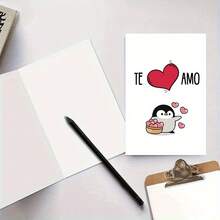 1PC Valentine's Day Spanish Love Card With Red Envelope - Cute Penguin And Heart Design, TE AMO Greeting, Anniversary And Valentine's Day, Themed Card Husband/Wife/Boyfriend/Girlfriend, Fun Heart Pattern, Bright Printing Quality - 彩色 - 查看 3