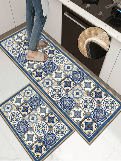 [HOT!] 1pc Soft Rubber Linen Kitchen Mat, 3.5mm Thick Kitchen Rug, Retro Palace Style Kitchen Absorbent Mat Large Carpet, Sewn Edges Prevent Peeling, Water-Absorbent And Easy To Clean Mat, Linen Surface, Sponge Middle Layer, Rubber Bottom, Suitable For Kitchen Rugs, Kitchen Decor, Wedding Decor, Home Decor, Bathroom Mat, Entryway Mat, Laundry Room Mat, Hallway Carpet, Living Room Mat, Etc.