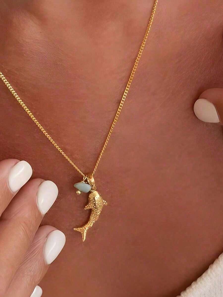 1pc Popular Women Fashionable Beach & Ocean Theme Personalized Shark Natural Stone Pendant Necklace, Ideal Gift For Wedding, Engagement Party, Halloween - Bạc - Xem 1