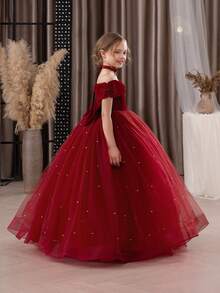 Tween Girl Christmas Dress Spaghetti Strap Bow Tulle Elegant Flower Girl Party Dress Princess Gown, Suitable For Girls Wedding, Party, Birthday, Communion, Special Occasions - Burgundy - View 6