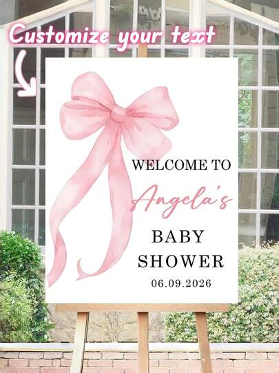 Cartel de bienvenida personalizado para baby shower con lazo rosa - Nombre y fecha personalizables Tablero de exhibición de PVC para decoración de fiesta de cumpleaños, boda, bautizo - Fuente cursiva elegante, diseño plano 2D, fácil de instalar (sin hardware necesario) - Regalo ideal para nuevos padres