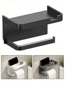 1pc Wall-Mounted Perforated Toilet Paper Holder And Multi-Function Storage Rack - Self-Adhesive Bathroom/Kitchen Paper Towel Holder, Towel Organizer, Space-Saving Black Plastic Rack, Suitable For Small Spaces (Hotel, Home) - Multicolor - View 1