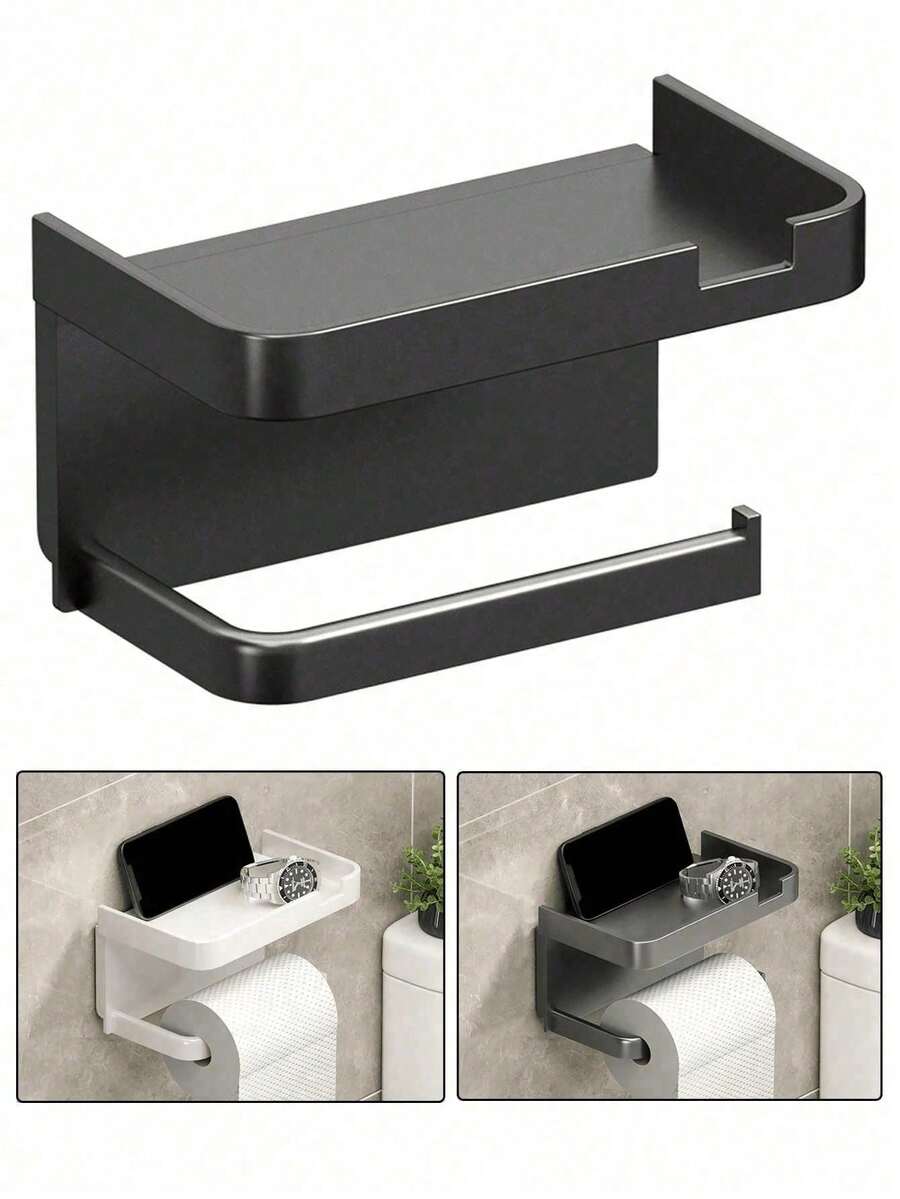 1pc Wall-Mounted Perforated Toilet Paper Holder And Multi-Function Storage Rack - Self-Adhesive Bathroom/Kitchen Paper Towel Holder, Towel Organizer, Space-Saving Black Plastic Rack, Suitable For Small Spaces (Hotel, Home) - Multicolor - View 1