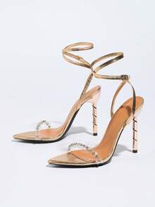 Sepatu Hak Tinggi Wanita, Modis untuk Pesta Musim Semi/Panas, Acara Luar Ruangan, dan Jamuan Elegan. Desain Spiral Unik, Ujung Lancip, Rhinestone Berkilau, Tali Transparan PVC, Tekstur Kadal Misterius, Tali Pergelangan Kaki yang Dapat Diatur, Warna Champagne, Cocok untuk Gaun Formal, Gaun Pesta, dan Acara Lainnya. - Sampanye - View 8
