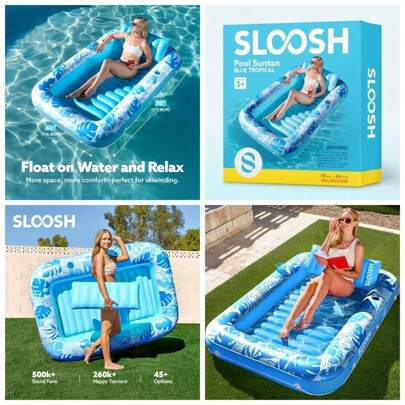 Inflatable Tanning Pool Lounger Float, 70 Inchx 46 Inch Pool Floats Adult With Pillow, 4 In 1 Suntan Tub Raft Floatie, Sunbathing Bed Lounge Blow Ball Pit Party Gifts, L - Blue