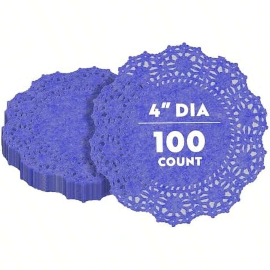 Pastry Tek - Tapetes de encaje de 12 x 12 pulgadas, 100 manteles individuales decorativos, redondos, desechables, color azul marino, para decoración de mesa de cumpleaños o bodas(Azul 10 cm) - Multicolor - Ver 1