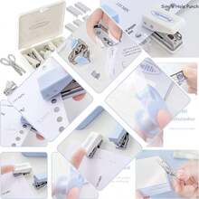 Juego de Suministros de Oficina,Mini Kit de Suministros de Oficina Portáti, Juego de 8 Accesorios de Computadora con Tijeras,Mini Grapadora, Perforadora de Agujeros,Cinta Adhesiva etc. (blanco) - Blanco - Ver 1