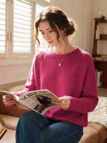 Knit Mix Áo len nữ kiểu Pháp thanh lịch, dáng rộng thoải mái, tay dài, cổ tròn, thích hợp cho mùa thu/đông, lý tưởng cho Giáng sinh, Lễ Tạ ơn, Năm mới và các ngày lễ khác, cũng như Ngày Valentine, mùa tựu trường và thời trang mùa thu. - quả mâm xôi đỏ - Xem 3