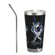 304 Stainless Steel Double Silver Edge Vacuum Insulated Drum 340g - Reusable Travel Cup With Stainless Steel Straw - This Is A Stainless Steel Water Cup About The Tampa Baseball Bay Rays  Theme - Leak Proof, Sweat Proof, Can Maintain Hot And Cold Temperatures For Hours, Frees Of Bisphenol A, Suitable For Car Cup Holders, Very Suitable For Match Days, Sports Events, Commuting, Office Rest And Outdoor Activities, Durable Double Wall Structure Fashionable Fan Gift - Silver - View 1