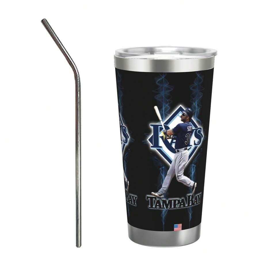 304 Stainless Steel Double Silver Edge Vacuum Insulated Drum 340g - Reusable Travel Cup With Stainless Steel Straw - This Is A Stainless Steel Water Cup About The Tampa Baseball Bay Rays  Theme - Leak Proof, Sweat Proof, Can Maintain Hot And Cold Temperatures For Hours, Frees Of Bisphenol A, Suitable For Car Cup Holders, Very Suitable For Match Days, Sports Events, Commuting, Office Rest And Outdoor Activities, Durable Double Wall Structure Fashionable Fan Gift - Silver - View 1