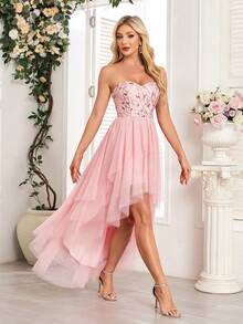 Pink Off Shoulder Asymmetric Hem Bridesmaid Dress With Floral Embroidery & Sequins, Elegant Party Gown For Women, Formal Ball Gown, Cocktail Dress, Birthday Party, Wedding Guest, Graduation, Banquet Spring - hồng - Xem 5