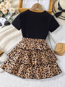 2pcs Girls Leopard Print Round Neck Short Sleeve Casual Top And Elastic Waist Ruffle Hem Skirt Set, Summer - Black - View 2