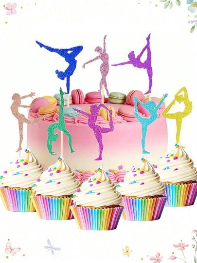 24个闪光体操运动员造型纸杯蛋糕装饰插牌，色彩缤纷的体操运动员剪影蛋糕装饰签，适用于食物、水果、甜点、体操主题生日派对装饰