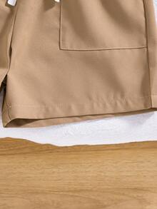 2pcs/Set Boys' Casual Striped Splice Collar Sleeveless Top And Solid Color Pocket Drawstring Shorts, Spring/Summer - Khaki - View 10