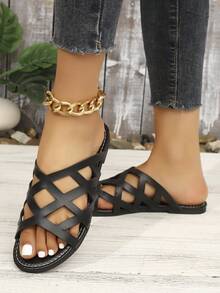 Women's Hollow Out Casual Beach Flat Sandals - Black - View 2