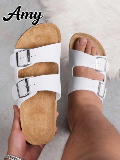 Wide Fit Men's Summer Sandals, Unisex Outdoor Casual Shoes With Metal Double Buckle, Providing More Size Options. Fashionable Design With Adjustable Straps For Comfortable Wear. These Stylish Beach Slippers Are Made Of High-Quality Retro Solid Color For Easy Slip-On.