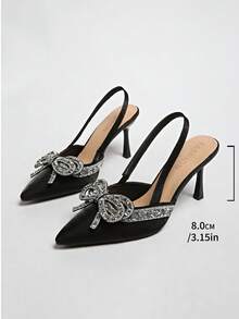 Sapatos de salto alto para casamento com laço de strass para mulheres - Preto - Ver 8