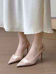 女士尖头细高跟鞋，香槟色缎面鞋面，优雅踝带一体式搭扣高跟凉鞋，适合搭配连衣裙、婚礼、派对、情人节等场合，时尚百搭的露趾高跟鞋 - 香檳色 - 查看 3