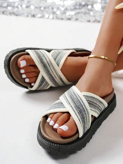 New Fashion Striped Decor Open Toe Platform Slippers, Comfortable Non-Slip Versatile Beach Sandals Suitable For Daily Wear