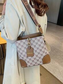 复古时尚小众单肩斜挎宽肩带大容量水桶包 - 灰色 - 查看 5