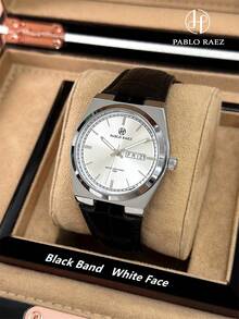 Pablo Raez 男士原创魅力腕表 时尚商务男士腕表 奢华不锈钢首饰 全新 AAA 级男士名表 复古渐变绿色超细纤维皮革表带 50米防水 简约日历星期显示 男士金属休闲石英表 毕业 婚礼 生日礼物 - 銀色 - 查看 16