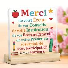 2D Acrylic Desk Plaque For French Teacher Appreciation - "Merci" Thank You Gift With Inspirational Quote, Colorful Heart Shape And School Icon - End Of School Year, Graduation Season, Teacher's Day Office Decor - Multicolor - View 1