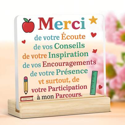 2D Acrylic Desk Plaque For French Teacher Appreciation - "Merci" Thank You Gift With Inspirational Quote, Colorful Heart Shape And School Icon - End Of School Year, Graduation Season, Teacher's Day Office Decor